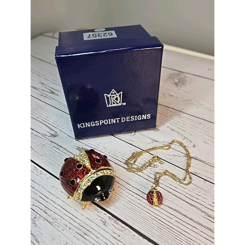 Kingspoint Designs Ladybug trinket box w/ necklace red enamel Jewelry Rhinestone
